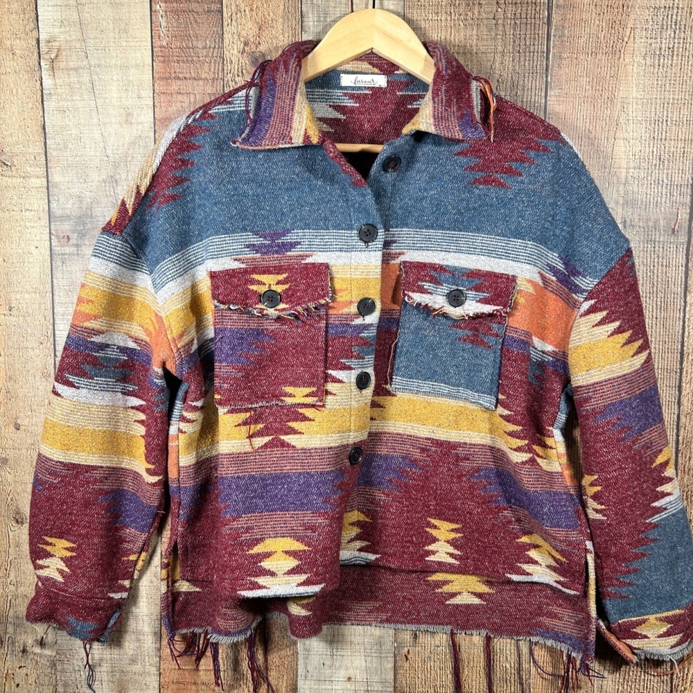Faveur Southwestern Aztec Shacket Jacket Medium Fray Fringe Blanket Flannel